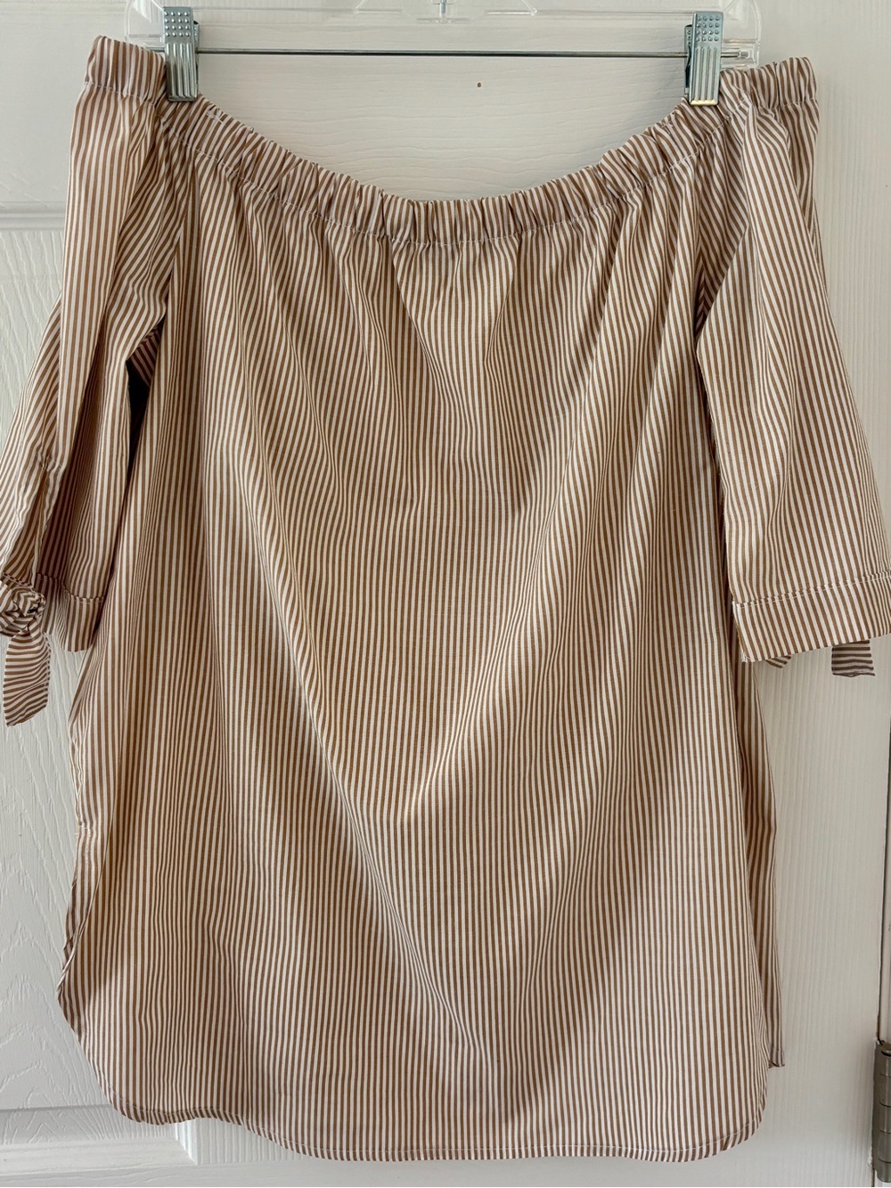 Striped Off-Shoulder Blouse in Beige and White